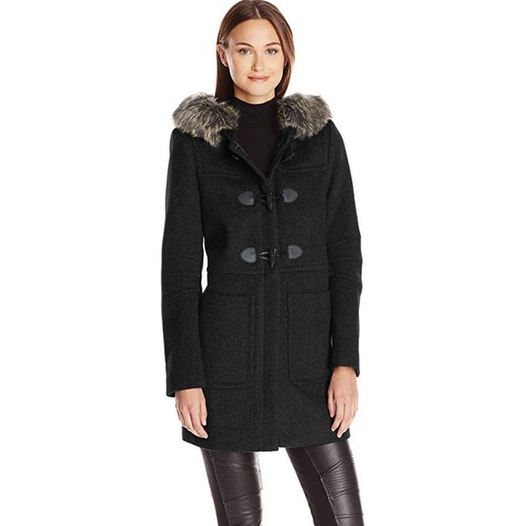 BCBG Black Hooded Wool Coat XS Detachable Realistic Faux Fur - Picture 12 of 14